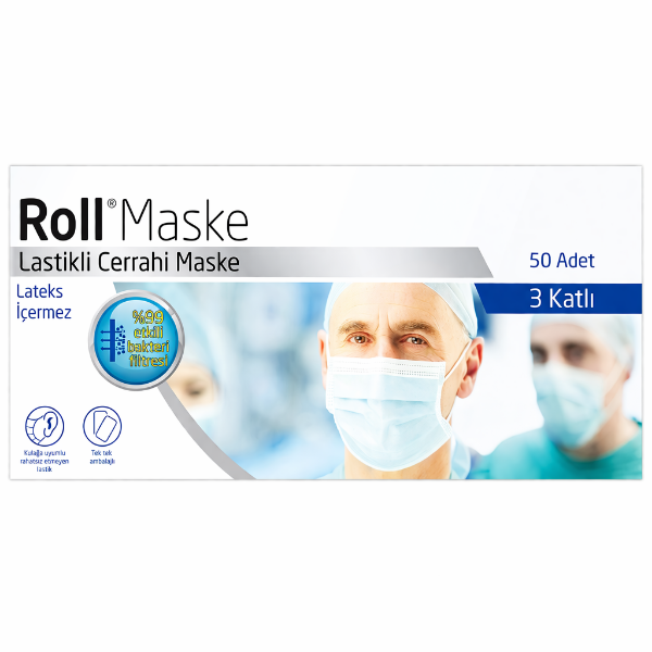 Roll Maske 3 Katlı Tekli Paketlenmiş Cerrahi Maske Telli 50'li